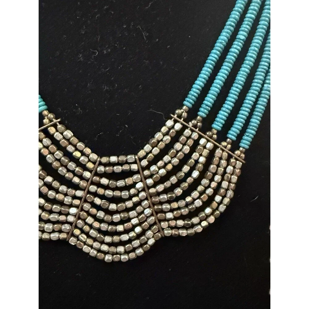 Multi Layered Metal Bead Turquoise Color Bead Bib Necklace 18.5”